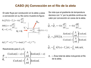 CASO (A) Convección en el filo de la aleta
El calor fluye por conducción en la aleta y pasa
a convección en su filo como muestra la figura
Qconv
Tb
Qb = Qf
Resolviendo para C1 y C2
Se nota que el gradiente de temperatura
decrece con “x” por la pérdida continua de
calor por convección en caras de la aleta.
Af → Área total de aleta incluyendo el filo
de la aleta.
])([ ∞
=
−→− TLThA
dx
dT
kA c
Lx
c
)()(
)(
])([
2121
21
mLmLmLmL
b
Lx
Lx
cc
CCkmCCh
CC
dx
dT
kLh
dx
dT
kATLThA
−−
=
=
∞
−=+
+=
−=
−=−

θ
θ
mLSenh
mk
h
mLCosh
xLmSenh
mk
h
xLmCosh
b
..
)(.)(.






+
−





+−
=
θ
θ
[ ] s
AA
sf
bcf
x
c
x
cfb
dAxhdATxThQ
mLSenh
mk
h
mLCosh
mLCosh
mk
h
mLSenh
hPkAQ
dx
d
kA
dx
dT
kAQQ
ff
∫∫ =−=






+






+
=
−=−==
∞
•
•
==
••
)()(
..
..
00
θ
θ
θ
 