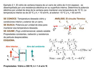 Ejemplo 2.1. El vidrio de ventana trasera de un carro de vidrio de 4 mm espesor, es
desempañada por una resistencia eléctrica en su superficie interna. Determine la potencia
eléctrica por unidad de área de la ventana para mantener una temperatura de 15 0
C. La
temperatura interior es de 25 0
C y hi = 10 w/m2
k, al exterior -10 0
C y he = 65 w/m2
k
SE CONOCE: Temperatura deseada vidrio y
condiciones interior y exterior de un carro.
SE BUSCA: Potencia por unidad de área para
mantener esa temperatura deseada.
SE ASUME:,Flujo unidimensional, estado estable
Propiedades constantes, radiación y resistencia
de película despreciables.
ESQUEMA.
Aire interior Aire del ambiente
Td
vidrio
T∞i T∞
hi he
Propiedades: Vidrio a 300 0
K; k = 1.4 w/m 0
K
ANÁLISIS. El circuito Térmico:
T∞i Tsi T∞e
1/hiA L/kA 1/heA
"eQ
•
eQ"
•
•
"Q
CTQconNota
mw
h
TT
hk
L
TT
Q
hk
L
TT
Q
h
TT
sie
i
sii
e
esi
e
e
esi
e
i
sii
0
2
6.4;0":
/1270
11
"
1
"
1
−==
=
−
−
+
−
=
+
−
=+
−
•
∞∞
•
∞
•
∞
 