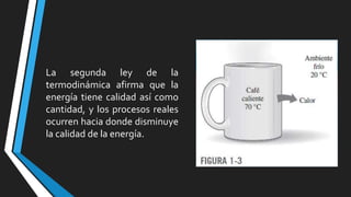 La segunda ley de la
termodinámica afirma que la
energía tiene calidad así como
cantidad, y los procesos reales
ocurren hacia donde disminuye
la calidad de la energía.

 