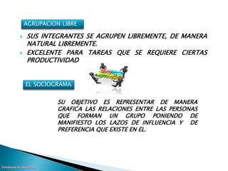 AGRUPACION LIBRE 
 SUS INTEGRANTES SE AGRUPEN LIBREMENTE, DE MANERA 
NATURAL LIBREMENTE. 
 EXCELENTE PARA TAREAS QUE SE REQUIERE CIERTAS 
PRODUCTIVIDAD 
EL SOCIOGRAMA 
SU OBJETIVO ES REPRESENTAR DE MANERA 
GRAFICA LAS RELACIONES ENTRE LAS PERSONAS 
QUE FORMAN UN GRUPO PONIENDO DE 
MANIFIESTO LOS LAZOS DE INFLUENCIA Y DE 
PREFERENCIA QUE EXISTE EN EL. 
 