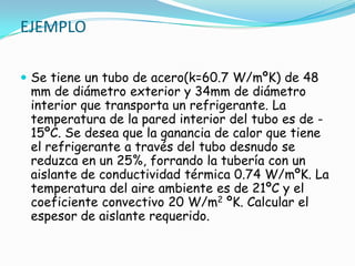  Se tiene un tubo de acero(k=60.7 W/mºK) de 48
mm de diámetro exterior y 34mm de diámetro
interior que transporta un refrigerante. La
temperatura de la pared interior del tubo es de -
15ºC. Se desea que la ganancia de calor que tiene
el refrigerante a través del tubo desnudo se
reduzca en un 25%, forrando la tubería con un
aislante de conductividad térmica 0.74 W/mºK. La
temperatura del aire ambiente es de 21ºC y el
coeficiente convectivo 20 W/m2 ºK. Calcular el
espesor de aislante requerido.
EJEMPLO
 