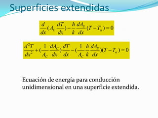 0)()(  TT
dx
dA
k
h
dx
dT
A
dx
d S
C
Superficies extendidas
0))(
1
()
1
(2
2
 TT
dx
dA
k
h
Adx
dT
dx
dA
Adx
Td S
C
C
C
Ecuación de energía para conducción
unidimensional en una superficie extendida.
 