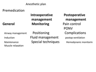 Anesthetic plan
Premedication
Intraoperative Postoperative
management management
General Monitoring Pain control
PONV
Airway management Positioning Complications
Induction Fluid management postop ventilation
Maintenance Special techniques Hemodynanic monitorin
Muscle relaxation
 