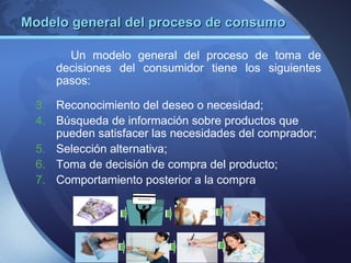 Modelo general del proceso de consumo

       Un modelo general del proceso de toma de
     decisiones del consumidor tiene los siguientes
     pasos:

  3. Reconocimiento del deseo o necesidad;
  4. Búsqueda de información sobre productos que
     pueden satisfacer las necesidades del comprador;
  5. Selección alternativa;
  6. Toma de decisión de compra del producto;
  7. Comportamiento posterior a la compra
 