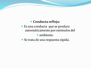  Conducta refleja:
 Es una conducta que se produce
automáticamente por estímulos del
 ambiente.
 Se trata de una respuesta rápida.
 