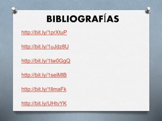 BIBLIOGRAFÍAS
http://bit.ly/1prXtuP
http://bit.ly/1uJdz8U
http://bit.ly/1tw0GgQ
http://bit.ly/1seiMlB
http://bit.ly/1llmaFk
http://bit.ly/UHtvYK
 