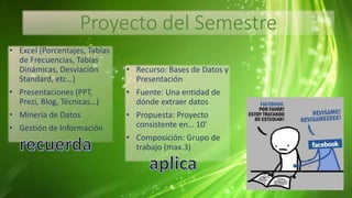 Proyecto del Semestre
• Excel (Porcentajes, Tablas
de Frecuencias, Tablas
Dinámicas, Desviación
Standard, etc…)
• Presentaciones (PPT,
Prezi, Blog, Técnicas…)
• Minería de Datos
• Gestión de Información
• Recurso: Bases de Datos y
Presentación
• Fuente: Una entidad de
dónde extraer datos
• Propuesta: Proyecto
consistente en… 10’
• Composición: Grupo de
trabajo (max.3)
 