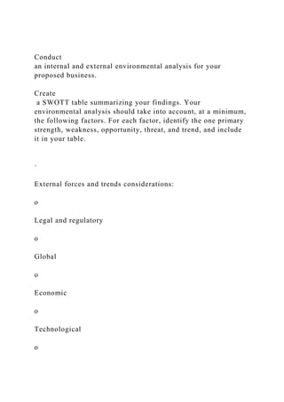 Conduct
an internal and external environmental analysis for your
proposed business.
Create
a SWOTT table summarizing your findings. Your
environmental analysis should take into account, at a minimum,
the following factors. For each factor, identify the one primary
strength, weakness, opportunity, threat, and trend, and include
it in your table.
·
External forces and trends considerations:
o
Legal and regulatory
o
Global
o
Economic
o
Technological
o
 