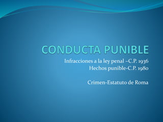 Infracciones a la ley penal –C.P. 1936
Hechos punible-C.P. 1980
Crimen-Estatuto de Roma
 