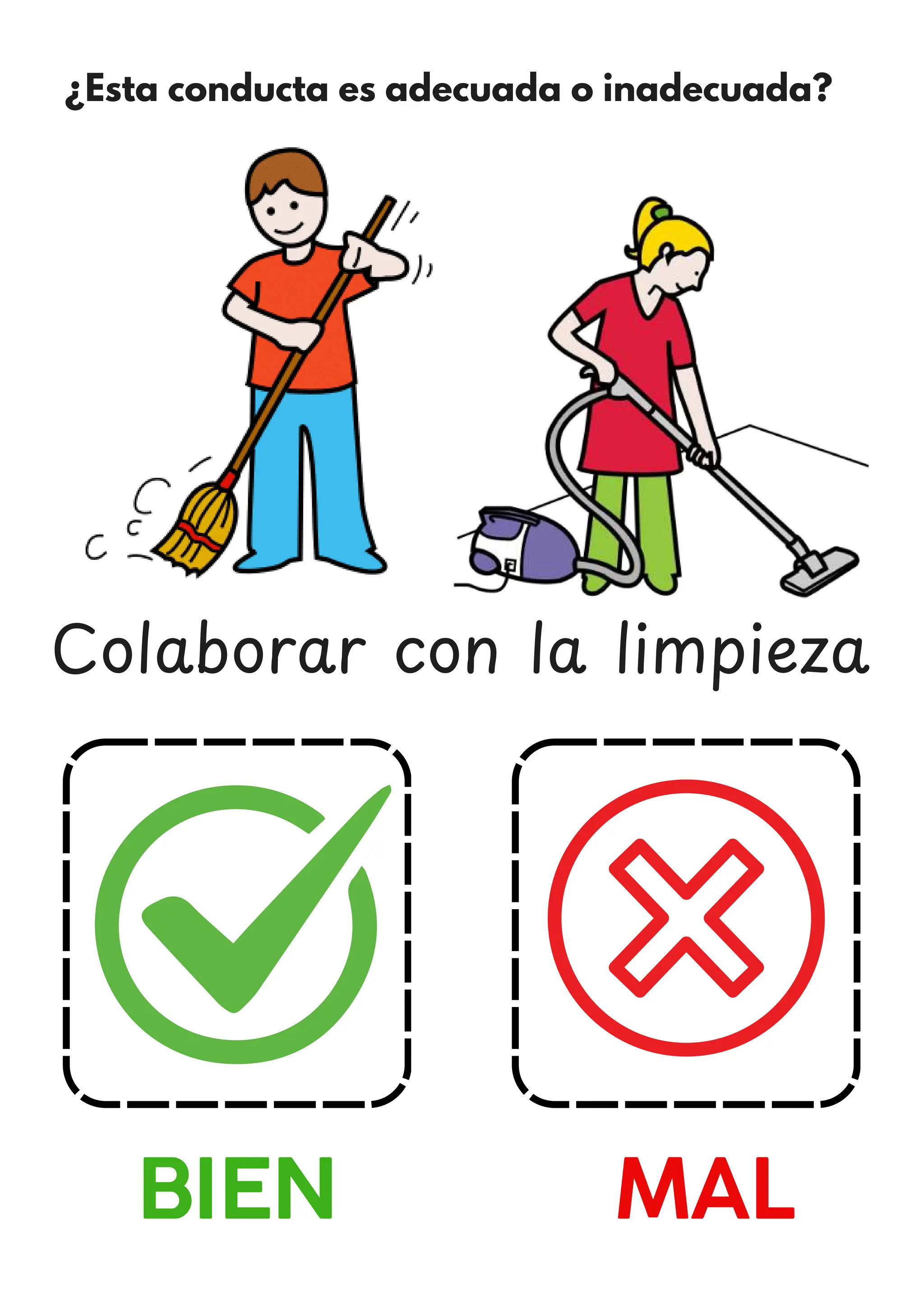 ¿Esta conducta es adecuada o inadecuada?
BIEN MAL
Colaborar con la limpieza
 