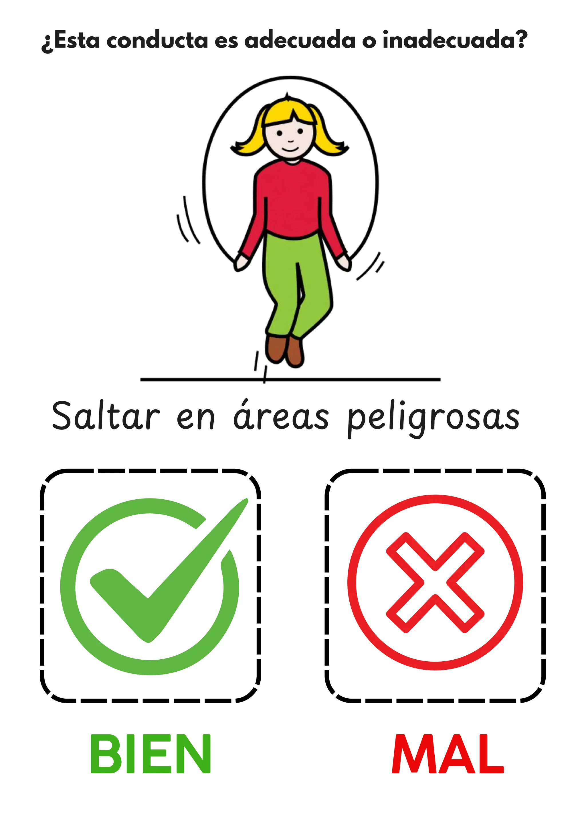 ¿Esta conducta es adecuada o inadecuada?
BIEN MAL
Saltar en a
́ reas peligrosas
 
