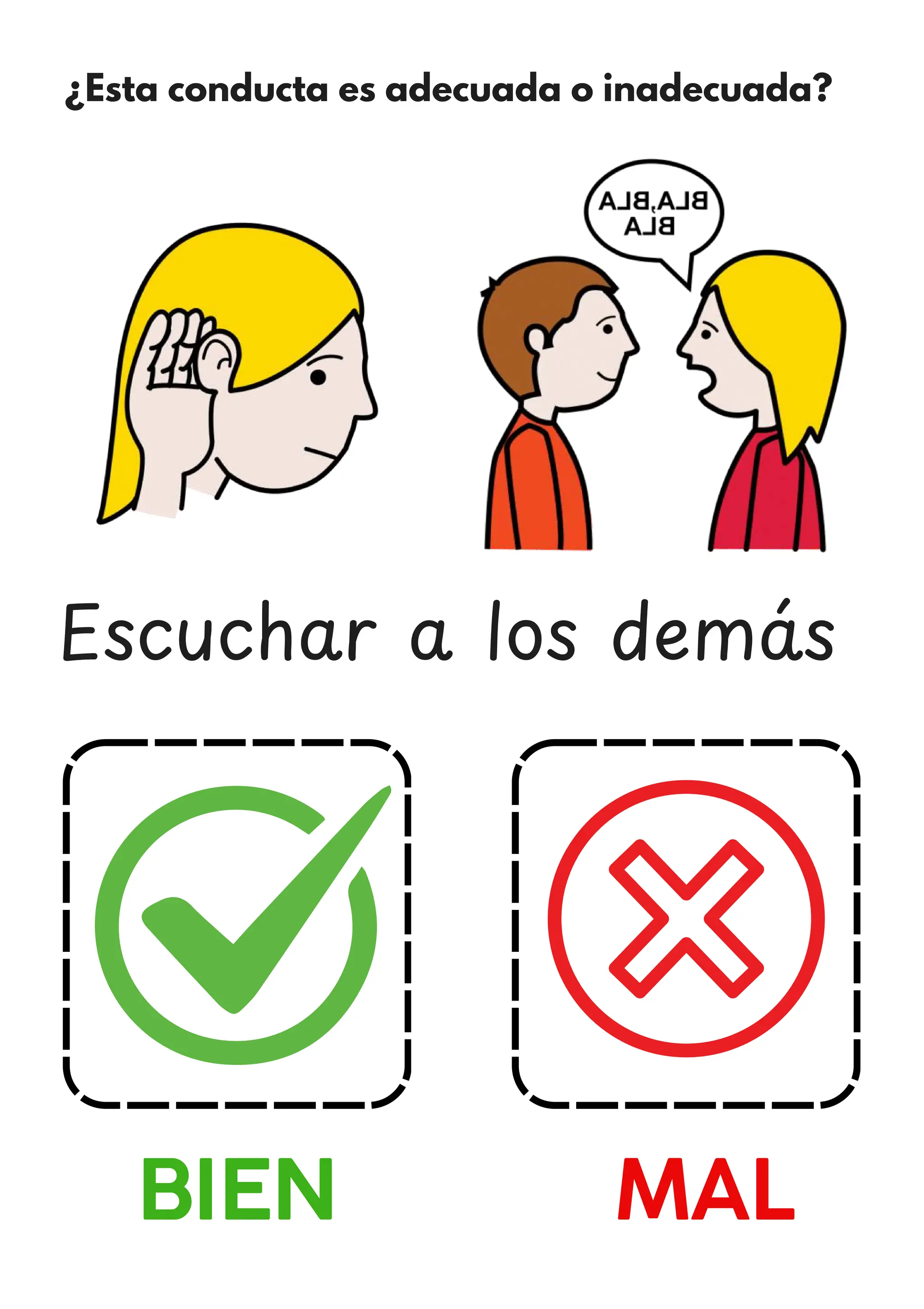 ¿Esta conducta es adecuada o inadecuada?
BIEN MAL
Escuchar a los dema
́ s
 