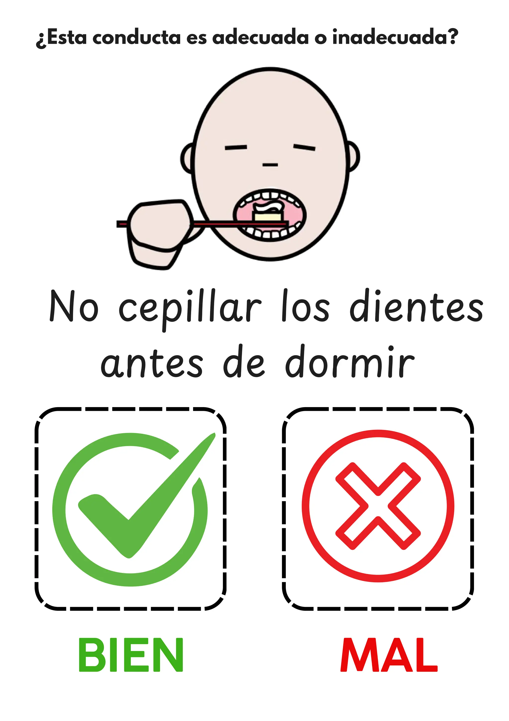 ¿Esta conducta es adecuada o inadecuada?
BIEN MAL
No cepillar los dientes
antes de dormir
 