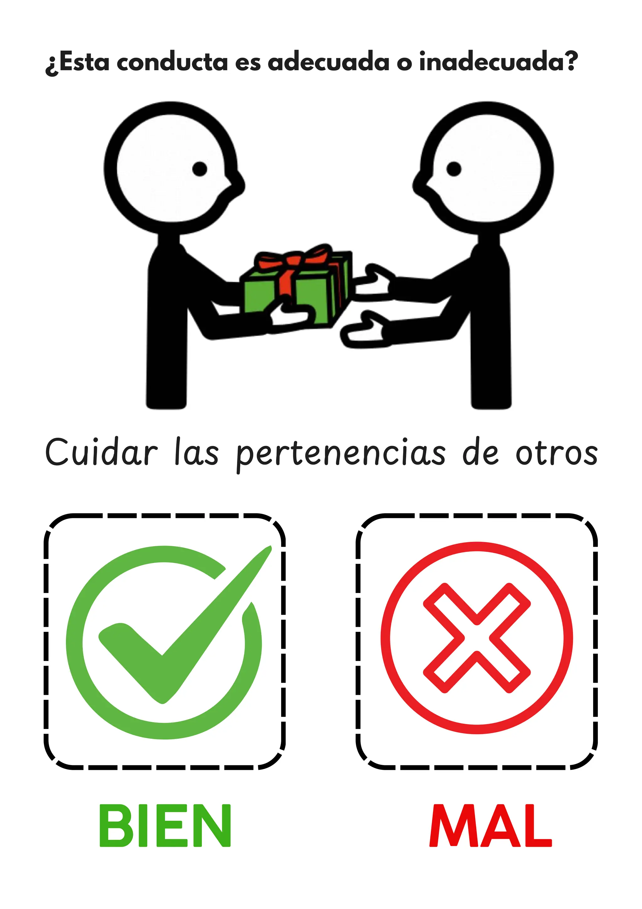 ¿Esta conducta es adecuada o inadecuada?
BIEN MAL
Cuidar las pertenencias de otros
 