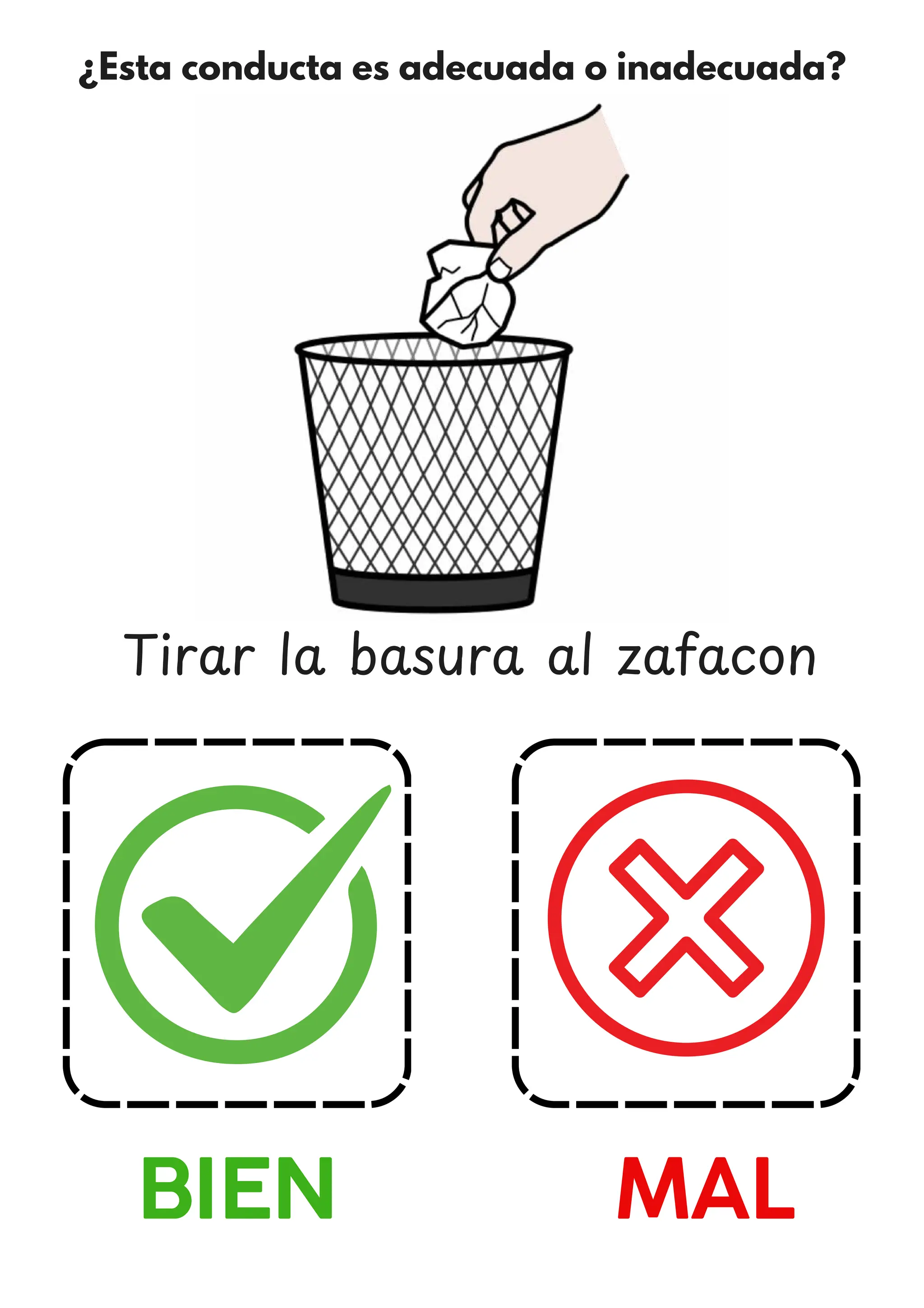¿Esta conducta es adecuada o inadecuada?
BIEN MAL
Tirar la basura al zafacon
 