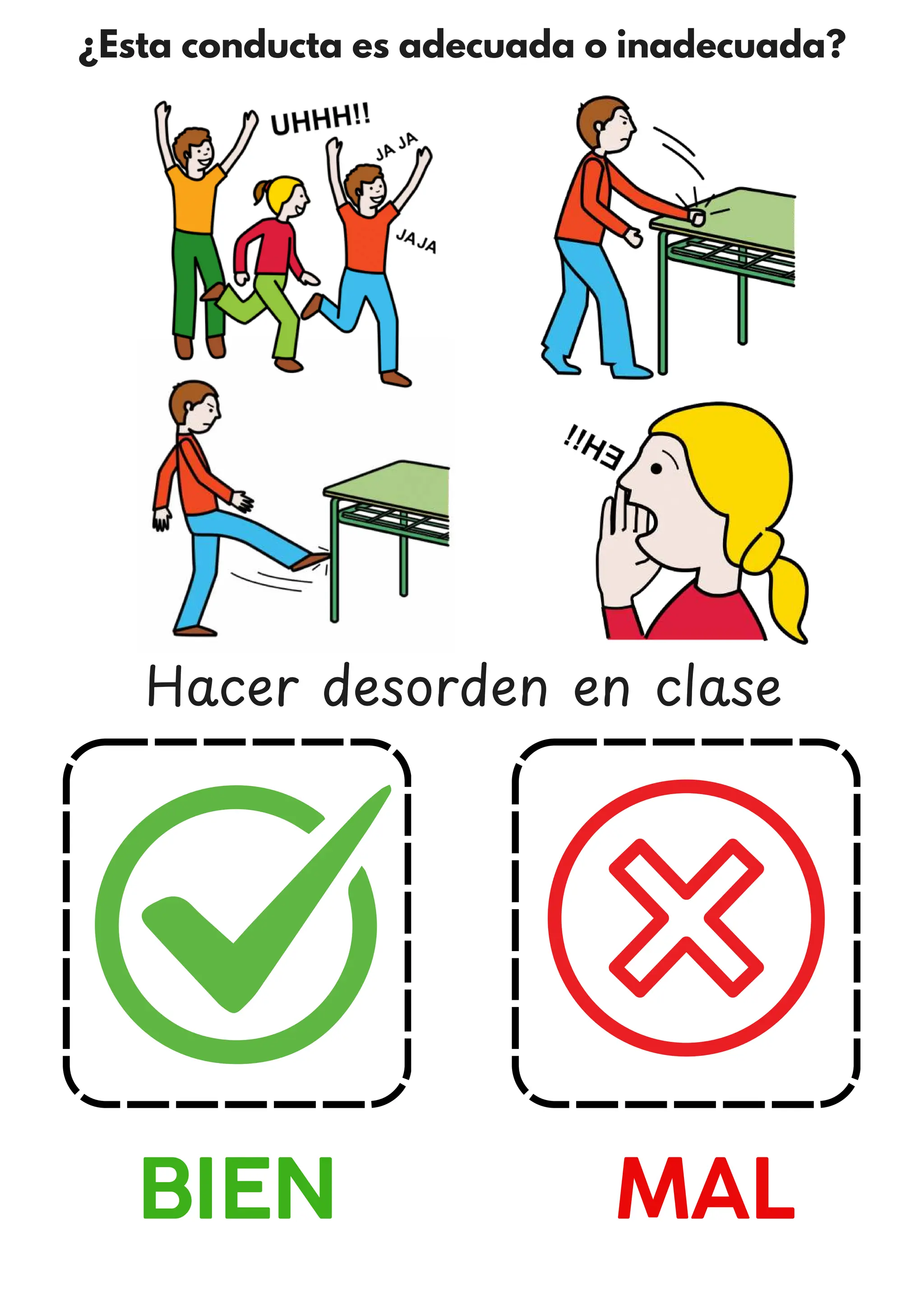¿Esta conducta es adecuada o inadecuada?
BIEN MAL
Hacer desorden en clase
 