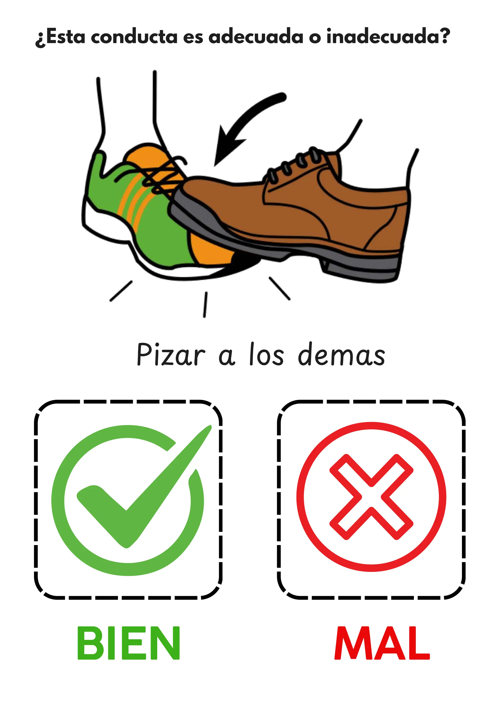 ¿Esta conducta es adecuada o inadecuada?
BIEN MAL
Pizar a los demas
 