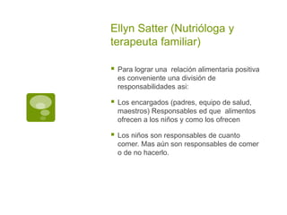 Ellyn Satter (Nutrióloga y
terapeuta familiar)
 Para lograr una relación alimentaria positiva
es conveniente una división de
responsabilidades asi:
 Los encargados (padres, equipo de salud,
maestros) Responsables ed que alimentos
ofrecen a los niños y como los ofrecen
 Los niños son responsables de cuanto
comer. Mas aún son responsables de comer
o de no hacerlo.
 