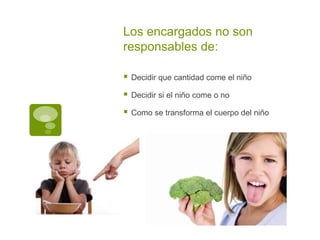 Los encargados no son
responsables de:
 Decidir que cantidad come el niño
 Decidir si el niño come o no
 Como se transforma el cuerpo del niño
 