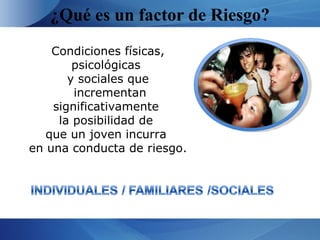 ¿Qué es un factor de Riesgo?
    Condiciones físicas,
        psicológicas
       y sociales que
        incrementan
    significativamente
     la posibilidad de
   que un joven incurra
en una conducta de riesgo.
 