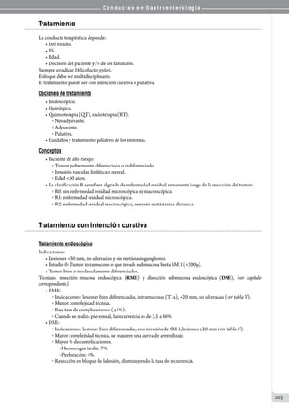 C o n d u c t a s e n G a s t r o e n t e r o l o g í a
103
Tratamiento
La conducta terapéutica depende:
• Del estadio.
• PS.
• Edad.
• Decisión del paciente y/o de los familiares.
Siempre erradicar Helicobacter pylori.
Enfoque debe ser multidisciplinario.
El tratamiento puede ser con intención curativa o paliativa.
Opciones de tratamiento
• Endoscópico.
• Quirúrgico.
• Quimioterapia (QT), radioterapia (RT).
o  Neoadyuvante.
o  Adyuvante.
o  Paliativa.
• Cuidados y tratamiento paliativo de los síntomas.
Conceptos
• Paciente de alto riesgo:
o  Tumor pobremente diferenciado o indiferenciado.
o  Invasión vascular, linfática o neural.
o  Edad <50 años.
• La clasificación R se refiere al grado de enfermedad residual remanente luego de la resección del tumor:
o  R0: sin enfermedad residual microscópica ni macroscópica.
o  R1: enfermedad residual microscópica.
o  R2: enfermedad residual macroscópica, pero sin metástasis a distancia.
Tratamiento con intención curativa
Tratamiento endoscópico
Indicaciones:
• Lesiones <30 mm, no ulcerados y sin metástasis ganglionar.
• Estadio 0: Tumor intramucoso o que invade submucosa hasta SM 1 (<500µ).
• Tumor bien o moderadamente diferenciados.
Técnicas: resección mucosa endoscópica (RME) y disección submucosa endoscópica (DSE), (ver capítulo
correspondiente).
• RME:
o  Indicaciones: lesiones bien diferenciadas, intramucosas (T1a), <20 mm, no ulceradas (ver tabla V).
o  Menor complejidad técnica.
o  Baja tasa de complicaciones (≤1%).
o  Cuando se realiza piecemeal, la recurrencia es de 3.5 a 36%.
• DSE:
o  Indicaciones: lesiones bien diferenciadas, con invasión de SM 1, lesiones ≥20 mm (ver tabla V).
o  Mayor complejidad técnica, se requiere una curva de aprendizaje.
o  Mayor % de complicaciones.
- Hemorragia tardía: 7%.
- Perforación: 4%.
o  Resección en bloque de la lesión, disminuyendo la tasa de recurrencia.
 