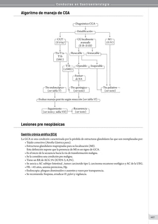 C o n d u c t a s e n G a s t r o e n t e r o l o g í a
107
Algoritmo de manejo de CGA
Lesiones pre neoplásicas
Gastritis crónica atrófica (GCA)
La GCA es una condición caracterizada por la pérdida de estructuras glandulares las que son reemplazadas por:
• Tejido conectivo (Atrofia Gástrica pura).
• Estructuras glandulares inapropiadas para su localización (MI).
Esta definición supone que la presencia de MI es un signo de GCA.
• Es el inicio de la secuencia hacia la vía de transformación maligna.
• Se la considera una condición pre maligna.
• Tiene un RR de ACG 5% (IC95% 3,-8,3%).
• Se asocia a AC subtipo Intestinal , tumor carcinoide tipo I, carcinoma escamoso esofágico y AC de la UEG.
• FR: <45 años, anemia perniciosa, Hp.
• Endoscopia: pliegues disminuidos o ausentes y vasos por transparencia.
• Se recomienda: biopsias, erradicar H. pylori y vigilancia.
 