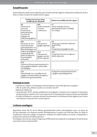 C o n d u c t a s e n G a s t r o e n t e r o l o g í a
113
Estadificación
Existen diferentes clasificaciones utilizadas para los linfomas del tubo digestivo. Además de la clasificación de Ann
Arbor, se utiliza el sistema de estadificación de Lugano.
Metodología de estudio
• Laboratorio completo con hemograma, función hepática y renal, LDH, glucemia, ionograma
• TAC de cuello, tórax, abdomen y pelvis con contraste oral y EV
• Biopsia de médula ósea
• Ecoendoscopía (EUS): permite estadificación locorregional y monitoreo de la respuesta al tratamiento
HademostradosersuperioralaTCenlaevaluacióndeTyNpermitiendoevaluarlainvasiónenprofundidad
• El anillo de Waldeyer se encuentra afectado frecuentemente en los linfomas del tubo digestivo, por lo tanto
está indicada la evaluación de la vía aérea superior
Linfoma esofágico
Representan menos del 1% de los linfomas gastrointestinales siendo extremadamente raros, con menos de
30 casos reportados en la literatura mundial. Histológicamente la mayoría son LNH tipo difuso de células B.
Usualmente la afectación esofágica corresponde a metástasis de nódulos linfáticos cervicales o mediastinales o
producto de la extensión de linfomas gástricos.
Suetiologíaesdesconocida,aunquesesugierequeelEBVpodríaestarimplicadoensupatogenia.Esmásfrecuente
en pacientes inmunocomprometidos.
 