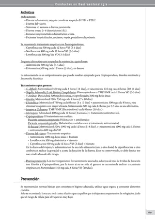 C o n d u c t a s e n G a s t r o e n t e r o l o g í a
129
Antibióticos
Indicaciones:
• Diarrea inflamatoria, excepto cuando se sospecha ECEH o ETEC.
• Diarrea del viajero.
• Síntomas >1 semana o diarrea persistente.
• Diarrea severa (> 6 deposiciones/día).
• Inmunocomprometido o desnutrición severa.
• Pacientes hospitalizados, ancianos, sepsis, portadores de prótesis.
Se recomienda tratamiento empírico con fluoroquinolonas:
• Ciprofloxacina 500 mg cada 12 horas VO (3-5 días)
• Norfloxacina 400 mg cada 12 horas VO (3-5 días)
• Levofloxacina 500 mg/día VO (3-5 días)
Esquema alternativo ante sospecha de resistencia a quinolonas:
• Azitromicina 500 mg/día (3-5 días)
• Eritromicina 500 mg cada 12 horas (5 días), en desuso
La nitazoxanida es un antiprotozoario que puede resultar apropiado para Criptosporidium, Giardia intestinalis y
Entamoeba histolítica
Tratamiento según germen:
• C. difficile: Metronidazol 500 mg cada 8 horas (14 días), o vancomicina 125 mg cada 6 horas (10-14 días)
• Shigella, Salmonella, E coli, Yersinia, Campilobacter: Fluoroquinolonas o TMP/SMX cada 12 horas VO (3-5 días)
• V cholerae: Doxiciclina 300 mg dosis única, o ciprofloxacina 500 mg dosis única
• Giardia: Metronidazol 250 a 750 mg cada 8 horas (7 a 10 días)
• E histolítica: Metronidazol 750 mg cada 8 horas (5 a 10 días) + paramomicina 500 mg cada 8 horas, para
eliminar los quistes con mayor eficacia. Nitazoxanida 500 mg cada 12 horas por 3-5 días es una alternativa.
• Isospora y Ciclospora: TMP/SMX (Bactrim forte) cada 8 horas (10 días)
• Microspora: Albendazol 400 mg cada 12 horas (4 semanas) + tratamiento antirretroviral.
• Criptosporidium: El tratamiento no es eficaz.
Paciente inmunocompetente: Hidratación + antidiarreico
Paciente inmunodeprimido: Hidratación + antidiarreico + tratamiento antirretroviral.
Si fracasa: Metronidazol 500 a 1000 mg cada 12 horas (14 días), o  paramomicina 1000 mg cada 12 horas
+ azitromicina 600 mg/día VO
• Diarrea del viajero: Tratamiento empírico
o  Azitromicina 1000 mg dosis única + bismuto
o  Levofloxacina 500 mg dosis única + bismuto
o  Ciprofloxacina 500 mg cada 12 horas VO (3 días) + bismuto
En la diarrea del viajero, la administración de un ciclo ultracorto (una o dos dosis) de ciprofloxacina u otro
antibiótico, reduce la gravedad y acorta la duración de la diarrea. Esto es controvertido, se debe limitar ese
uso a individuos de alto riesgo.
•Diarreapersistente:Losmicroorganismosfrecuentementeasociadosadiarreasdemásde14díasdeduración
son Giardia y Criptosporidium, por lo tanto si no se aísla el germen se recomienda realizar tratamiento
empírico con Metronidazol 750 mg cada 8 horas VO (10 días).
Prevención
Se recomiendan normas básicas que consisten en higiene adecuada, utilizar agua segura, y consumir alimentos
cocidos.
Solo se recomienda la vacuna oral contra el cólera para aquellos que trabajan en campamentos de refugiados, dado
que el riesgo de cólera para el viajero es muy bajo.
 