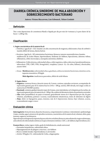 C o n d u c t a s e n G a s t r o e n t e r o l o g í a
131
Diarrea Crónica,sindrome de mala absorciÓn y
sobrecrecimiento bacteriano
Autores: Viviana Maccarrone, Luis Schmunck , Nelson Condado
Definición
Tres o más deposiciones de consistencia blanda o líquida por día por más de 4 semanas y/o peso diario de las
heces > a 200 gr/día.
Clasificación
1. Según características de la materia fecal:
• Osmótica: (gap fecal > 125): laxantes con alta concentración de magnesio, edulcorantes a base de sorbitol o
manitol, déficit de lactasa, diarrea facticia
• Secretora: (gap fecal < 50) enterotoxinas bacterianas, fármacos, tumores neuroendócrinos, laxantes,
malabsorción de ácidos biliares, hipertiroidismo, Sindrome de Addison, hipocalcemia, adenoma velloso,
inflamatoria, colitis microscópica, neuropatía autonómica diabética
• Inflamatoria: Colitis ulcerosa, enfermedad celíaca, colitis isquémica, rádica, infecciosa (pseudomembranosa,
tuberculosis (TB), CMV, VHS, Strongyloides), neoplásica (cáncer -Ca- de colon, linfoma), diverticulitis,
yeyuno-ileítis
• Grasa	 Malabsorción:enfermedadcelíaca,giardiasis,sobrecrecimientobacteriano,intestinocorto,
        isquemia mesentérica, Whipple
	 Mala digestión: insuficiencia pancreática, déficit de ácido biliares
                  
          2. Según clínica:
• Orgánica: comienzo brusco, duración menor de 3 meses, continua, episodios nocturnos, acompañadas de
repercusión general, peso de la materia fecal en 24 hs > 200 gr, anemia, ERS elevada, test sangre oculta en
materia fecal (TSOMF) positiva
• Funcional: comienzo gradual, duración mayor de 6 meses, curso intermitente, no lo despierta por las noches, sin
repercusióngeneral,pesodemateriafecal<200gr/día,análisisdelaboratoriodentrodeparámetrosnormales
• Alta: dolor periumbilical, sin pujos ni tenesmo, generalmente menos de 4 deposiciones por día, de gran
volumen, amarillentas, pastosas o acuosas, ocasionalmente esteatorreicas, restos de alimentos sin digerir
• Baja: dolor en hipogastrio, pujos, tenesmo, más de 6 deposiciones diarias, bajo volumen, acuosa,
ocasionalmente sangre o moco
Evaluación clínica
Interrogatorio:formadeinicio,duración,frecuencia,comportamiento(continuoointermitente),epidemiología
(viajes, comidas, agua), presencia de episodios nocturnos, características de la materia fecal, volumen, dolor, pujo,
tenesmo, urgencia, incontinencia.
Signosderepercusióngeneral,respuestaalayuno,relaciónconladieta,fármacos,antecedentesdecirugíaoradioterapia,
antecedentesdeenfermedadessistémicas(Lupuseritematososistémico-LES-,s.deAddison,hipertiroidismo,etc).
Examen físico: evaluar signos vitales, grado de deshidratación, estado nutricional.
• Dermatitis herpetiforme: enfermedad celíaca
• Hiperpigmentación de pliegues y mucosas: s. de Addison
• Bocio o nódulo tiroideo: hipertiroidismo, Ca de tiroides
• Artritis: Whipple, CU,  enfermedad de Crohn, colagenopatías
 