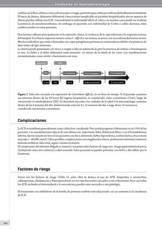 C o n d u c t a s e n G a s t r o e n t e r o l o g í a
142
cambiosenlafloracolónicacomocolonoscopíaocirugía,quimioterapia,colitisporenfermedadinflamatoriaintestinal.
El inicio de diarrea, distensión abdominal o leucocitosis inexplicable en pacientes hospitalizados aún en ausencia de
diarrea pueden reflejar una ICD.  Generalmente la enfermedad afecta al colon y en muchos casos puede ser evidente
la presencia de pseudomembranas, sin embargo en pacientes con enfermedad de Crohn o colitis ulcerosas, estos
cambios pueden no estar presentes.
Dos factores influyen principalmente en la expresión clínica: la virulencia de la cepa infectante y la respuesta inmune
delhuésped.Unabuenarespuesta inmunecontraC. difficile y sustoxinas,seasocia conunaenfermedad menossevera.
Muchos individuos que están colonizados con cepas patogénicas permanecen asintomáticos debido a la presencia de
altos títulos de IgG antitoxina.
La diarrea puede presentarse con moco o sangre oculta en materia fecal, pero la presencia de melena o hematoquesia
es rara. La fiebre y el dolor abdominal están presentas  en menos de la mitad de los casos. Las manifestaciones
extraintestinales como artritis o bacteriemia son raras.
Figura 1. Infección asociada a la exposición de Clostridium difficile, en un línea de tiempo. Si el paciente comienza
sus síntomas dentro de las 48 horas del ingreso hospitalario, es considerado como comunitaria (Com), luego de
este período es intrahopitalaria (IH). Se denomina asociada a los cuidados de la salud si la sintomatología comienza
dentro de las 4 semanas del alta. Indeterminada entre las 4 y 12 semanas del alta. Luego de las 12 semanas es
considerada nuevamente comunitaria.
Complicaciones
LaICDsemanifiestageneralmentecomocolitisleveamoderada.Peropuedeprogresarafulminanteenun3-8%delos
pacientes. Las manifestaciones típicas de esta última son: importante dolor abdominal difuso o en el hemiabdomen
inferior,diarrea(puedeserleveenlospacientesconíleo),distensión,fiebre,hipovolemia,acidosisláctica,leucocitosis
marcada (> 40,000/mm3). Otras posibles complicaciones son megalocolon tóxico,  perforación intestinal, trastornos
hidorelectrolíticos, falla renal, sepsis e incluso la muerte.
El compromiso del intestino delgado es inusual y sus potenciales factores de riego son: cirugía gastrointestinal previa
(incluyendo resección colónica) y edad avanzada. Estos pacientes se pueden presentar con ileitis y alto débito por la
ileostomía.
Factores de riesgo
Varios son los factores de riesgo (Tabla 1), entre ellos se destaca el uso de ATB. Ampicilina o amoxicilina,
cefalosporinas, clindamicina y fluoroquinolonas son los más frecuentes asociados a esta enfermedad. Pero casi todos
los ATB, incluidos el metronidazol y la vancomicina, pueden estar asociados a esta patología.
El tratamiento con inhibidores de la bomba de protones también está relacionado con un aumento en la incidencia
de ICD.
 