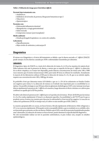 C o n d u c t a s e n G a s t r o e n t e r o l o g í a
143
Tabla 1. Población de riesgo para Clostridium difficile
Paciente bajo tratamiento con:
• Antibióticos
• Inhibidores de la bomba de protones, bloqueante histamínicos tipo 2
• Valaciclovir
• Quimioterápico
Pacientes con:
• Enfermedad inflamatoria intestinal
• Manipulación o cirugía gastrointestinal
• Edad avanzada
• Compromiso inmune (post-transplante)
Medio ambiente
• Estadía prolongada hospitalaria o en centros de cuidados.
Laboratorio
• Hipoalbuminemia
• Bajos niveles de antitoxina y anticuerpos B
Diagnóstico
El retraso en el diagnóstico y el inicio del tratamiento es debido a que la diarrea asociada a C. difficile (DACD)
puede semejar a la otra diarreas causadas por ATB o enfermedades transmitidas por alimentos.
Laboratorio
El diagnóstico típico de DACD es a través de la detección de toxina A y/o B en las muestras de materia fecal.
Debe realizarse solo ante la presencia de diarrea, a menos que se sospeche de íleo por C. difficile. La detección
de su efecto citopático, es el mejor test disponible, puede detectar concentraciones de toxina entre 100 y 1000
veces menores que el enzimo inmunoensayo (EIE), pero tarda 48 horas en obtener los resultados. Actualmente
la mayoría de los laboratorios utilizan el EIE para la detección de toxinas A o A y B, que es un método rápido;  
requiere una concentración entre 100 y 1000 pg. de toxina.
Es preferible el test que determina toxina A/B debido a que un 1 a 2% de los aislamiento en Estados Unidos
son negativos para toxina A. La detección de toxinas es el método más importante pero su sensibilidad no es
óptima. Una posible estrategia es usar EIA para detectar glutamato deshidrogensa (GD) como tamizaje inicial que
detecta rápidamente la presencia de C. difficile en la muestra y luego demostrar el efecto citotóxico en cultivos para
confirmar en aquella que la GD fue positiva.
ElcultivosolodetectalapresenciadeC.difficileperonolaproduccióndetoxinas.  Eltest  deELISAparalastoxinas
A o A y B se realiza rápidamente (2 horas) y es altamente específico. Su sensibilidad va del 79-97% por lo que es
prudente enviar al menos tres muestra para descartar la enfermedad si el test inicial fue negativo. La reacción en
cadena de la polimerasa (PCR) en tiempo real y el cultivo es más sensible que el EIE (Tabla 2).
La muestra apropiada debe ser acuosa, sin heces formes y llevada rápidamente al laboratorio. Debe refrigerarse a
4°C si no se procesa rápidamente. El hisopado rectal es inaceptable debido a que su resultado no es confiable, salvo
enelpacientequesepresentaconíleosindiarrea.Debidoaqueel10%omásdelospacienteshospitalizadospueden
estar colonizados, la evaluación de toxinas en heces formes, puede disminuir la especificidad del diagnóstico.
No está recomendado realizar un test en pacientes asintomáticos, ni para evaluar cura, excepto en estudios
epidemiológicos.
 