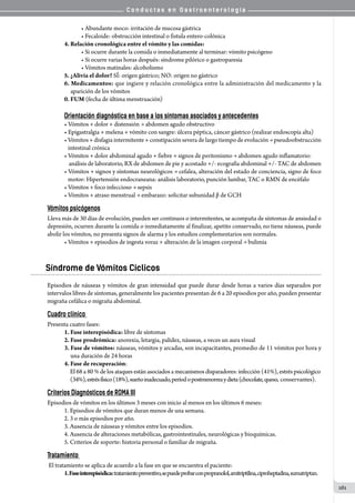C o n d u c t a s e n G a s t r o e n t e r o l o g í a
161
• Abundante moco: irritación de mucosa gástrica
• Fecaloide: obstrucción intestinal o fistula entero-colónica
4. Relación cronológica entre el vómito y las comidas:
• Si ocurre durante la comida o inmediatamente al terminar: vómito psicógeno
• Si ocurre varias horas después: síndrome pilórico o gastroparesia
• Vómitos matinales: alcoholismo
5. ¿Alivia el dolor? SÍ: origen gástrico; NO: origen no gástrico
6. Medicamentos: que ingiere y relación cronológica entre la administración del medicamento y la
     aparición de los vómitos
0. FUM (fecha de última menstruación)
Orientación diagnóstica en base a los síntomas asociados y antecedentes
• Vómitos + dolor + distensión → abdomen agudo obstructivo
• Epigastralgia + melena + vómito con sangre: úlcera péptica, cáncer gástrico (realizar endoscopía alta)
• Vómitos + disfagia intermitente + constipación severa de largo tiempo de evolución → pseudoobstrucción
   intestinal crónica
• Vómitos + dolor abdominal agudo + fiebre + signos de peritonismo → abdomen agudo inflamatorio:  
    análisis de laboratorio, RX de abdomen de pie y acostado +/- ecografía abdominal +/- TAC de abdomen
• Vómitos + signos y síntomas neurológicos → cefalea, alteración del estado de conciencia, signo de foco
   motor: Hipertensión endocraneana: análisis laboratorio, punción lumbar, TAC o RMN de encéfalo
• Vómitos + foco infeccioso → sepsis
• Vómitos + atraso menstrual → embarazo: solicitar subunidad β de GCH
Vómitos psicógenos
Lleva más de 30 días de evolución, pueden ser continuos o intermitentes, se acompaña de síntomas de ansiedad o
depresión, ocurren durante la comida o inmediatamente al finalizar, apetito conservado, no tiene náuseas, puede
abolir los vómitos, no presenta signos de alarma y los estudios complementarios son normales.
• Vómitos + episodios de ingesta voraz + alteración de la imagen corporal → bulimia
Síndrome de Vómitos Cíclicos
Episodios de náuseas y vómitos de gran intensidad que puede durar desde horas a varios días separados por
intervalos libres de síntomas, generalmente los pacientes presentan de 6 a 20 episodios por año, pueden presentar
migraña cefálica o migraña abdominal.
Cuadro clínico
Presenta cuatro fases:
1. Fase interepisódica: libre de síntomas
2. Fase prodrómica: anorexia, letargia, palidez, náuseas, a veces un aura visual
3. Fase de vómitos: náuseas, vómitos y arcadas, son incapacitantes, promedio de 11 vómitos por hora y
     una duración de 24 horas
4. Fase de recuperación:
     El 68 a 80 % de los ataques están asociados a mecanismos disparadores: infección (41%), estrés psicológico
      (34%),estrésfísico(18%),sueñoinadecuado,períodopostmenorreaydieta(chocolate,queso,  conservantes).
Criterios Diagnósticos de ROMA III
Episodios de vómitos en los últimos 3 meses con inicio al menos en los últimos 6 meses:
1. Episodios de vómitos que duran menos de una semana.
2. 3 o más episodios por año.
3. Ausencia de náuseas y vómitos entre los episodios.
4. Ausencia de alteraciones metabólicas, gastrointestinales, neurológicas y bioquímicas.
5. Criterios de soporte: historia personal o familiar de migraña.
Tratamiento
El tratamiento se aplica de acuerdo a la fase en que se encuentra el paciente:
1.Faseinterepisódica:tratamientopreventivo,sepuedeprobarconpropranolol,amitriptilina,ciproheptadina,sumatriptan.
 