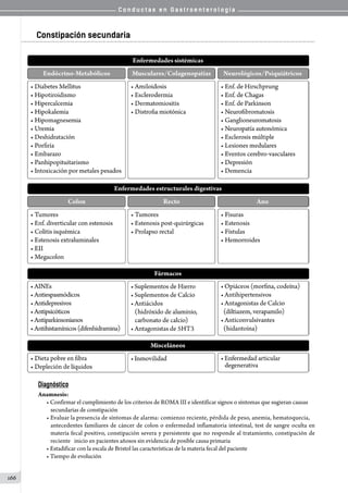 C o n d u c t a s e n G a s t r o e n t e r o l o g í a
166
Constipación secundaria
Diagnóstico
Anamnesis:
• Confirmar el cumplimiento de los criterios de ROMA III e identificar signos o síntomas que sugieran causas  
secundarias de constipación
• Evaluar la presencia de síntomas de alarma: comienzo reciente, pérdida de peso, anemia, hematoquecia,
antecedentes familiares de cáncer de colon o enfermedad inflamatoria intestinal, test de sangre oculta en
materia fecal positivo, constipación severa y persistente que no responde al tratamiento, constipación de
reciente   inicio en pacientes añosos sin evidencia de posible causa primaria
• Estadificar con la escala de Bristol las características de la materia fecal del paciente
• Tiempo de evolución
 
