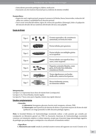 C o n d u c t a s e n G a s t r o e n t e r o l o g í a
167
• Antecedentes personales patológicos, hábitos, medicación
• Asociación con otro trastorno funcional (por ej. síndrome de intestino irritable)
Examen físico:
• Inspección anal y región perianal: pesquisar la presencia de fístulas, fisuras, hemorroides; evaluación del
   reflejo ano-cutáneo y sensibilidad local, descenso perineal
• Tacto rectal: tonicidad del esfínter, signos de contracción paradójica (disinergia), dolor a la palpación  
   del músculo elevador del ano (síndrome del elevador del ano), masa palpable
Escala de Bristol
Interpretación:
Los tipos 1 y 2 representan heces duras de tránsito lento (constipación).
Los tipos 3, 4 y 5 heces blandas, tránsito regular.
Los tipos 6 y 7 heces como puré o líquidas, tránsito muy rápido (diarrea).
Estudios complementarios
• Generales
1. Laboratorio: hemograma, glucemia, función renal, ionograma, calcemia, TSH.
2.Colonoscopía: ante la presencia de síntomas de alarma o en pacientes mayores de 50 años de edad
    (población con riesgo promedio) se debe descartar patología orgánica.
Nota: la Sociedad Británica de Gastroenterología recomienda realizar a todo paciente que consulta por
constipación un laboratorio general con TSH. La Asociación Americana de Gastroenterología recomienda
comenzar con tratamiento empírico y evaluar respuesta, excepto que el paciente tenga sintomatología sugestiva
de patologías que predispongan a constipación o sea refractario al tratamiento médico.
• Específicos
1. Manometría ano-rectal: estudia la actividad sensitivo-motora del segmento ano-rectal. Consiste en la
 