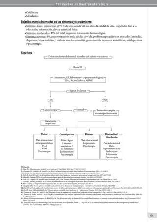 C o n d u c t a s e n G a s t r o e n t e r o l o g í a
175
• Colchicina
• Mesalazina
Relación entre la Intensidad de los síntomas y el tratamiento
• Síntomas leves: representan el 70 % de los casos de SII, no altera la calidad de vida, responden bien a la
educación, información, dieta y actividad física.
• Síntomas moderados: 25% del total, requieren tratamiento farmacológico.
• Síntomas severos: 5%, gran repercusión en la calidad de vida, problemas psiquiátricos asociados (ansiedad,
depresión, hipocondriasis), realizan muchas consultas, generalmente requieren ansiolíticos, antidepresivos
y psicoterapia.
Algoritmo
Bibliografia
1.Mayer EA. Clinical practice. Irritable bowel syndrome. N Engl J Med. 2008 Apr 17;358(16):1692-9
2.. Drossman DA, Camilleri M, Mayer EA, et al. AGA technical review on irritable bowel syndrome. Gastroenterology 2002;123:2108-31
3.. Drossman DA. The functional gastrointestinal disorders and the Rome III process. Gastroenterology. 2006 Apr;130(5):1377-90
4.Spiller R, Aziz Q, Creed F, et al. Guidelines on the irritable bowel syndrome: mechanisms and practical management. Gut 2007;56:1770-98
5.Clouse RE, Lustman PJ. Use of psychopharmacological agents for functional gastrointestinal disorders. Gut 2005;54:1332-41
6.Talley NJ. Chapter 118: Irritable Bowel Syndrome. 2091-2104. Feldman: Sleisenger and Fordtran’s Gastrointestinal and Liver Disease, 9th ed. 2010
7.Graham L. Practice guidelines: ACG Releases Recommendations on the Management of Irritable Bowel Syndrome. Am Fam Physician 2009; 79: 1108-17
8.Khan S, Chang L. Diagnosis and management of IBS. Nat Rev Gastroenterol Hepatol. 2010 Oct;7(10):565-81
9.Chang JY, Talley NJ. An update on irritable bowel syndrome: from diagnosis to emerging therapies. Curr Opin Gastroenterol. 2011 Jan;27(1):72-8
10.TackJ,FriedM,HoughtonLA,etal.Systematicreview:theefficacyoftreatmentsforirritablebowelsyndrome--aEuropeanperspective.AlimentPharmacolTher.2006Jul15;24(2):183-205
11.Enck P, Junne F, Klosterhalfen S, et al. Therapy options in irritable bowel syndrome. Eur J Gastroenterol Hepatol. 2010 Dec;22(12):1402-11
12.Pimentel M, Lembo A, Chey WD, et al. Rifaximin therapy for patients with irritable bowel syndrome without constipation. N Engl J Med. 2011 Jan 6;364(1):22-32
13.Pimentel M, Park S, Mirocha J, et al. The effect of a nonabsorbed oral antibiotic (rifaximin) on the symptoms of the irritable bowel syndrome: a randomized trial. Ann Intern Med. 2006 Oct
17;145(8):557-63
14.Menees SB, Maneerattannaporn M, Kim HM, et al. The efficacy and safety of rifaximin for the irritable bowel syndrome: a systematic review and meta-analysis. Am J Gastroenterol. 2012
Jan;107(1):28-35
15.American College of Gastroenterology Task Force on Irritable Bowel Syndrome, Brandt LJ, Chey WD, et al. An evidence-based position statement on the management of irritable bowel
syndrome. Am J Gastroenterol. 2009 Jan;104 Suppl 1:S1-35.
 
