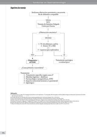 C o n d u c t a s e n G a s t r o e n t e r o l o g í a
184
Algoritmo de manejo
Bibliografía:
1.Grand DJ, Harris A, Loftus EV Jr. Imaging for luminal disease and complications: CT enterography, MR enterography, small-bowel follow-through, and ultrasound. Gastroenterol Clin North
Am.2012;41(2):497-512.
2.González MJ, Souto FA, Momtalvo MB. Chronic intestinal pseudoobstruction. Gastroenterol Hepatol. 2011; 34(9):655-6.
3.Amy E. Foxx-Orenstein. Ileus and Pseudo-obstruction. Sleisenger and Fordtran. Gastrointestinal and Liver Disease. 9th edition, 2010.
4.Muñoz-Yaque MT, Solis-Muñoz P. Chronic intestinal pseudo-obstruction: a diagnosis to be considered. Rev Esp Enferm Dig. 2009; 101(5):336-342.
5.Antonucci A, Fronzoni L, Cogliandro L, Cogliandro RF, Caputo C, De Giorgio R, et al. Chronic intestinal pseudo-obstruction. World J Gastroenterol 2008; 14(19):2953-61.
6.Sutton DH, Harrell SP, Wo JM. Diagnosis and management of adult patients with chronic intestinal pseudoobstruction. Nutr Clin Pract 2006; 21(1):16-22.
7.Mann SD, Debinsky HS, Kamm MA. Clinical characteristics of chronic idiopathic intestinal pseudo-obstruction in adults. Gut 1997; 41(5):675-81.
 