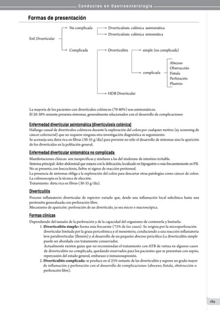 C o n d u c t a s e n G a s t r o e n t e r o l o g í a
189
Formas de presentación
La mayoría de los pacientes con divertículos colónicos (70-80%) son asintomáticos.
El 20-30% restante presenta síntomas, generalmente relacionados con el desarrollo de complicaciones
Enfermedad diverticular asintomática (diverticulosis colónica)
Hallazgo casual de divertículos colónicos durante la exploración del colon por cualquier motivo (ej. screening de
cáncer colorrectal) que no requiere ninguna otra investigación diagnóstica ni seguimiento.
Se aconseja una dieta rica en fibras (30-35 g/día) para prevenir no sólo el desarrollo de síntomas sino la aparición
de los divertículos en la población general.
Enfermedad diverticular sintomática no complicada
Manifestaciones clínicas: son inespecíficas y similares a las del síndrome de intestino irritable.
Síntomaprincipal:dolorabdominalquemejoraconladefecación,localizadoenhipogastrioomásfrecuentementeenFII.
No se presenta con leucocitosis, fiebre ni signos de reacción peritoneal.
La presencia de síntomas obliga a la exploración del colon para descartar otras patologías como cáncer de colon.
La colonoscopía es la técnica de elección.
Tratamiento: dieta rica en fibras (30-35 g/día).
Diverticulitis
Proceso inflamatorio diverticular de espectro variado que, desde una inflamación local subclínica hasta una
peritonitis generalizada con perforación libre.
Mecanismo de aparición: perforación de un divertículo, ya sea micro o macroscópica.
Formas clínicas
Dependiendo del tamaño de la perforación y de la capacidad del organismo de contenerla y limitarla:
1. Diverticulitis simple: forma más frecuente (75% de los casos). Se origina por la microperforación
     diverticular limitada por la grasa pericolónica y el mesenterio, conduciendo a una reacción inflamatoria
     leve peridiverticular (flemón) y al desarrollo de un pequeño absceso pericólico La diverticulitis simple
     puede ser abordada con tratamiento conservador.
     Actualmente existen guías que no recomiendan el tratamiento con ATB de rutina en algunos casos
     de diverticulitis no complicada, quedando reservados para los pacientes que se presentan con sepsis,
     repercusión del estado general, embarazo o inmunosupresión.
2. Diverticulitis complicada: se produce en el 25% restante de las diverticulitis y supone un grado mayor
    de inflamación y perforación con el desarrollo de complicaciones (absceso, fístula, obstrucción o
     perforación libre).
 