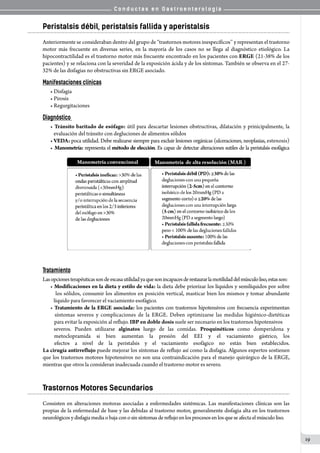 C o n d u c t a s e n G a s t r o e n t e r o l o g í a
19
Peristalsis débil, peristalsis fallida y aperistalsis
Anteriormente se consideraban dentro del grupo de “trastornos motores inespecíficos’’ y representan el trastorno
motor más frecuente en diversas series, en la mayoría de los casos no se llega al diagnóstico etiológico. La
hipocontractilidad es el trastorno motor más frecuente encontrado en los pacientes con ERGE (21-38% de los
pacientes) y se relaciona con la severidad de la exposición ácida y de los síntomas. También se observa en el 27-
32% de las disfagias no obstructivas sin ERGE asociado.
Manifestaciones clínicas
• Disfagia
• Pirosis
• Regurgitaciones
Diagnóstico
• Tránsito baritado de esófago: útil para descartar lesiones obstructivas, dilatación y prinicipalmente, la
   evaluación del tránsito con degluciones de alimentos sólidos
• VEDA: poca utilidad. Debe realizarse siempre para excluir lesiones orgánicas (ulceraciones, neoplasias, estenosis)
• Manometría: representa el método de elección. Es capaz de detectar alteraciones sutiles de la peristalsis esofágica
Tratamiento
Lasopcionesterapéuticassondeescasautilidadyaquesonincapacesderestaurarlamotilidaddelmúsculoliso,estasson:
• Modificaciones en la dieta y estilo de vida: la dieta debe priorizar los líquidos y semilíquidos por sobre
   los sólidos, consumir los alimentos en posición vertical, masticar bien los mismos y tomar abundante
   líquido para favorecer el vaciamiento esofágico.
• Tratamiento de la ERGE asociada: los pacientes con trastornos hipotensivos con frecuencia experimentan
   síntomas severos y complicaciones de la ERGE. Deben optimizarse las medidas higiénico-dietéticas
para evitar la exposición al reflujo. IBP en doble dosis suele ser necesario en los trastornos hipotensivos
severos. Pueden utilizarse alginatos luego de las comidas. Proquinéticos como domperidona y
metoclopramida si bien aumentan la presión del EEI y el vaciamiento gástrico, los
efectos a nivel de la peristalsis y el vaciamiento esofágico no están bien establecidos.
La cirugía antirreflujo puede mejorar los síntomas de reflujo así como la disfagia. Algunos expertos sostienen
que los trastornos motores hipotensivos no son una contraindicación para el manejo quirúrgico de la ERGE,
mientras que otros la consideran inadecuada cuando el trastorno motor es severo.
Trastornos Motores Secundarios
Consisten en alteraciones motoras asociadas a enfermedades sistémicas. Las manifestaciones clínicas son las
propias de la enfermedad de base y las debidas al trastorno motor, generalmente disfagia alta en los trastornos
neurológicosydisfagiamediaobajaconosinsíntomas de reflujoen los procesos en los que seafecta elmúsculoliso.
 