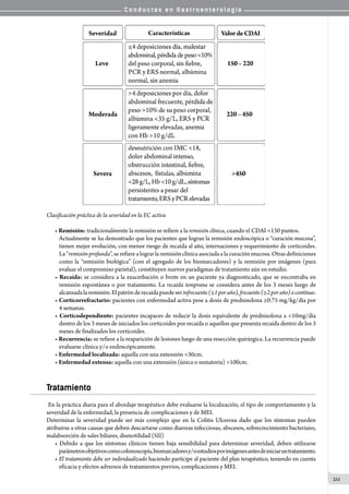 C o n d u c t a s e n G a s t r o e n t e r o l o g í a
211
Clasificación práctica de la severidad en la EC activa
• Remisión: tradicionalmente la remisión se refiere a la remisión clínica, cuando el CDAI 150 puntos.
Actualmente se ha demostrado que los pacientes que logran la remisión endoscópica o “curación mucosa”,
tienen mejor evolución, con menor riesgo de recaída al año, internaciones y requerimiento de corticoides.
La “remisión profunda”, serefiere a lograrlaremisiónclínica asociada a lacuración mucosa.Otrasdefiniciones
como la “remisión biológica” (con el agregado de los biomarcadores) y la remisión por imágenes (para
evaluar el compromiso parietal), constituyen nuevos paradigmas de tratamiento aún en estudio.
• Recaída: se considera a la exacerbación o brote en un paciente ya diagnosticado, que se encontraba en
remisión espontánea o por tratamiento. La recaída temprana se considera antes de los 3 meses luego de
alcanzadalaremisión.Elpatrónderecaídapuedeserinfrecuente(≤1poraño),frecuente(≥2poraño)ocontínuo.
• Corticorrefractario: pacientes con enfermedad activa pese a dosis de prednisolona ≥0.75 mg/kg/día por
4 semanas.
• Corticodependiente: pacientes incapaces de reducir la dosis equivalente de prednisolona a 10mg/día
dentro de los 3 meses de iniciados los corticoides por recaída o aquellos que presenta recaída dentro de los 3
meses de finalizados los corticoides.
• Recurrencia: se refiere a la reaparición de lesiones luego de una resección quirúrgica. La recurrencia puede
evaluarse clínica y/o endoscópicamente.
• Enfermedad localizada: aquella con una extensión 30cm.
• Enfermedad extensa: aquella con una extensión (única o sumatoria) 100cm.
Tratamiento
	En la práctica diaria para el abordaje terapéutico debe evaluarse la localización, el tipo de comportamiento y la
severidad de la enfermedad, la presencia de complicaciones y de MEI.
Determinar la severidad puede ser más complejo que en la Colitis Ulcerosa dado que los síntomas pueden
atribuirse a otras causas que deben descartarse como diarreas infecciosas, abscesos, sobrecrecimiento bacteriano,
malabsorción de sales biliares, dismotilidad (SII)
• Debido a que los síntomas clínicos tienen baja sensibilidad para determinar severidad, deben utilizarse
parámetrosobjetivoscomocolonoscopía,biomarcadoresy/oestudiosporimágenesantesdeiniciaruntratamiento.
• El tratamiento debe ser individualizado haciendo partícipe al paciente del plan terapéutico, teniendo en cuenta
eficacia y efectos adversos de tratamientos previos, complicaciones y MEI.
 