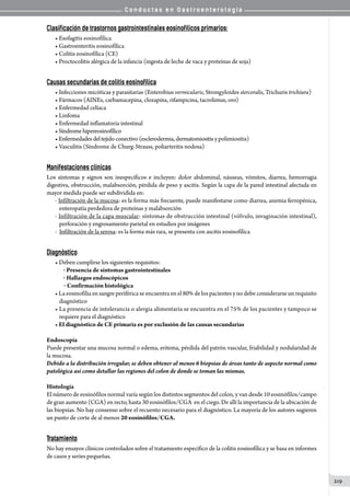 C o n d u c t a s e n G a s t r o e n t e r o l o g í a
219
Clasificación de trastornos gastrointestinales eosinofílicos primarios:
• Esofagitis eosinofílica
• Gastroenteritis eosinofílica
• Colitis eosinofílica (CE)
• Proctocolitis alérgica de la infancia (ingesta de leche de vaca y proteínas de soja)
Causas secundarias de colitis eosinofílica
• Infecciones micóticas y parasitarias (Enterobius vermicularis, Strongyloides stercoralis, Trichuris trichiura)
• Fármacos (AINEs, carbamacepina, clozapina, rifampicina, tacrolimus, oro)
• Enfermedad celíaca
• Linfoma
• Enfermedad inflamatoria intestinal
•Síndromehipereosinofílico
•Enfermedadesdeltejidoconectivo(esclerodermia,dermatomiositis y polimiositis)
• Vasculitis (Síndrome de Churg-Strauss, poliarteritis nodosa)
Manifestaciones clínicas
Los síntomas y signos son inespecíficos e incluyen: dolor abdominal, náuseas, vómitos, diarrea, hemorragia
digestiva, obstrucción, malabsorción, pérdida de peso y ascitis. Según la capa de la pared intestinal afectada en
mayor medida puede ser subdividida en:
- Infiltración de la mucosa: es la forma más frecuente, puede manifestarse como diarrea, anemia ferropénica,
enteropatía perdedora de proteínas y malabsorción
- Infiltración de la capa muscular: síntomas de obstrucción intestinal (vólvulo, invaginación intestinal),
perforación y engrosamiento parietal en estudios por imágenes
-  Infiltración de la serosa: es la forma más rara, se presenta con ascitis eosinofílica
Diagnóstico
• Deben cumplirse los siguientes requisitos:
o  Presencia de síntomas gastrointestinales
o Hallazgos endoscópicos
o Confirmación histológica
• La eosinofilia en sangre periférica se encuentra en el 80% de los pacientes y no debe considerarse un requisito
diagnóstico
• La presencia de intolerancia o alergia alimentaria se encuentra en el 75% de los pacientes y tampoco se
requiere para el diagnóstico
• El diagnóstico de CE primaria es por exclusión de las causas secundarias
Endoscopía
Puede presentar una mucosa normal o edema, eritema, pérdida del patrón vascular, friabilidad y nodularidad de
la mucosa.
Debido a la distribución irregular, se deben obtener al menos 6 biopsias de áreas tanto de aspecto normal como
patológica así como detallar las regiones del colon de donde se toman las mismas.
Histología
El número de eosinófilos normal varía según los distintos segmentos del colon, y van desde 10 eosinófilos/campo
de gran aumento (CGA) en recto, hasta 30 eosinófilos/CGA  en el ciego. De allí la importancia de la ubicación de
las biopsias. No hay consenso sobre el recuento necesario para el diagnóstico. La mayoría de los autores sugieren
un punto de corte de al menos 20 eosinófilos/CGA.
Tratamiento
No hay ensayos clínicos controlados sobre el tratamiento específico de la colitis eosinofílica y se basa en informes
de casos y series pequeñas.
 
