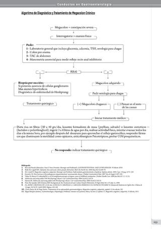 C o n d u c t a s e n G a s t r o e n t e r o l o g í a
233
Algoritmo de Diagnóstico y Tratamiento de Megacolon Crónico
Bibliografía
1.	 Ileus and Pseudo-obstruction. Amy E. Foxx-Orenstein. Sleisenger and Fordtrand’s. GASTROINTESTINAL AND LIVER DISEASE. 9º Edición 2010.
2.	 Batke M, Cappell MS. Adynamic ileus and acute colonic pseudo-obstruction. Med Clin North Am. 2008 May;92(3):649-70.
3.	 Mc Connell E. Megacolon congénito y adquirido. Sleisenger and Fordtrans. Enfermedades gastrointestinales y hepáticas. Séptima edición. 2004. Cap. 110 pag. 2273- 228
4.	 Knowles CH. New horizons in the pathogenesis of gastrointestinal neuromuscular disease. J Pediatr Gastroenterol Nutr. 2007 Dec;45 Suppl 2:S97-102.
5.	 Tobias N, Mason D, Lutkenhoff M, et al, Kí1anagement principies of organic causes of childhood constipation. J Pediatr Health Care. 2008 Jan-Feb;22( 1): 12-23.
6.	 Adolescents and young adults with Hirschsprung’s disease. Curr Gastroenterol Rep. 2006 Oct;8(5):425-9.
7.	 Hyman PE. Adolescents and young adults with Hirschsprung’s disease. Curr Gastroenterol Rep. 2006 Oct;8(5):425-9.
8.	 Ponec RJ, Saunders MD, Kimmey MB. Neostigmine for the Treatment of Acute Colonic Pseudo-Obstruction. N Engl J Med 341:137, July 15, 1999.
9.	 Drs. RENÉ CÁRDENAS DE LA M, Ints. GONZALO CÁRDENAS L, CAROLINA HEREDIA P, Dr. PATRICIO PIZARRO N. Manejo del Síndrome de Ogilvie Rev. Chilena de
	 Cirugía. Vol 56 Nº 2 abril 2004. Páginas 103-106
10.	J. Serra Pueyo, M. de Diego Suárez, Tratamiento de las enfermedades gastroenterológicas, Megacolon congénito y adquirido, capítulo 15,3ra edición, 201
11.	Miguel Bixquert Jiménez, Gastroenterología y Hepatología. Problemas comunes en la práctica clínica, Sección 4, Capítulo 37, Megacolon congénito y adquirido, 2ª Edición, 2012
 