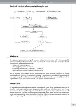 C o n d u c t a s e n G a s t r o e n t e r o l o g í a
245
Algoritmo de tratamiento de lesiones no polipoides de colon y recto
Vigilancia
La vigilancia o seguimiento de este tipo de lesiones depende de las características de la lesión resecada y del
exámen histopatológico. Deben tenerse en cuenta los “Criterios de resección endoscópica curativa para el CCR
Temprano”, que se describen a continuación:
• Márgenes de resección negativos
• Tipo histopatológico bien diferenciado
• Profundidad de invasión de la submucosa  a 1,000 micras
• Ausencia de compromiso de vasos linfáticos y sanguíneos
En caso de cumplir con los criterios descritos, el seguimiento es el mismo que el que se le realiza a las lesiones
polipoides de colon y recto (ver capítulo anterior: Conducta – Seguimiento). Si no cumple con estos criterios o el
endoscopista no quedó lo suficientemente satisfecho con los detalles técnicos de la terapéutica debe controlarse
al primer, tercer y sexto mes.  Luego anualmente, hasta entrar en seguimiento habitual.
Recurrencia
La recidiva se define como el crecimiento de tejido adenomatoso en  el  sitio  de  una  mucosectomía previa, que se
consideró completa; a partir del tercer mes de seguimiento. Hay estudios que avalan la correlación entre lesiones
recurrentes con el tamaño y la histología; así como también con el tipo macroscópico de la lesión primaria o el
método de resección. La recidiva usualmente puede ser resecada de manera exitosa mediante RME más eventual
uso de argón plasma. En caso de que cambien las características endoscópicas y que éstas sugieran invasión de la
submucosa el paciente puede requerir tratamiento quirúrgico definitivo.
 