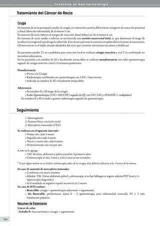 C o n d u c t a s e n G a s t r o e n t e r o l o g í a
252
Tratamiento del Cáncer de Recto
Cirugía
En tumores de recto proximal y medio, la cirugía con intención curativa deberá tener márgenes de resección proximal
y distal, libres de enfermedad, de al menos 5 cm.
En tumores de recto inferior el margen de resección distal deberá ser de al menos 2 cm.
En tumores de recto medio e inferior, se recomienda una escisión mesorrectal total, ya que disminuye el riesgo de
recidiva locorregional y prolonga la sobrevida. Esta técnica permite la escisión completa del recto junto al mesorrecto.
(El mesorrecto es el tejido situado alrededor del recto que contiene estructuras vasculares y linfáticas).
En pacientes estadio T1 no candidatos para resección local se realizará cirugía resectiva y si el T es confirmado no
necesitará adyuvancia.
En los pacientes con estadios II, III o localmente irresecables se realizará neoadyuvancia con radio-quimioterapia
seguido de cirugía resectiva a las 6 a 8 semanas posteriores.
Neoadyuvancia
• Previo a la Cirugía
• Radioterapia combinada con quimioterapia con 5-FU + leucovorina
• Indicada en estadios II, III o localmente irresecables
Adyuvancia
• En estadios II y III luego de la cirugía
•Radio-Quimioterapia(5-FU+LEUCOV)seguidodeQTcon5-FU/LEU,oFOLFOX(+oxaliplatino)	
En estadios II y III se indica quimio-radioterapia seguido de quimioterapia.
Seguimiento
1. Interrogatorio
2. Examen físico con tacto rectal
3. Marcadores tumorales (CEA)
Se realizan con el siguiente intervalo:
• Primer año cada 3 meses
• Segundo año cada 4 meses
• Tercer y cuarto año cada 6 meses
• Posteriormente una vez por año
A esto se le agrega:
• TAC de tórax, abdomen y pelvis anual los 3 primeros años
• Colonoscopía al año, 3 años y a los 5 años si son normales
* Si por algún motivo no se realizó colonoscopía antes de la cirugía, ésta deberá realizarse a los 3 meses de la misma.
En caso de aumento de marcadores tumorales:
• Confirmar con nueva muestra
•Solicitar:TAC (tórax,abdomen,pelvis); colonoscopía, si no hay hallazgos sesugieresolicitar PET Scant y/o
   laparoscopía diagnóstica
• Si el resultado es negativo repetir secuencia en 3 meses
En caso de MTS evaluar:
• Resecable: cirugía + quimioterapia adyuvante + seguimiento
• No Resecable: performance status 0 – 2 quimioterapia para enfermedad avanzada, PS ≥ 3 solo
   tratamiento paliativo.
Resumen de Tratamiento
Cáncer de colon
• Estadio 0: mucosectomía o cirugía + seguimiento
 