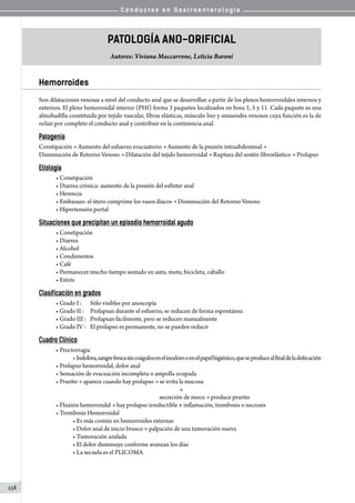 C o n d u c t a s e n G a s t r o e n t e r o l o g í a
258
Patología Ano-orificial
Autores: Viviana Maccarrone, Leticia Baroni
Hemorroides
Son dilataciones venosas a nivel del conducto anal que se desarrollan a partir de los plexos hemorroidales internos y
externos. El plexo hemorroidal interno (PHI) forma 3 paquetes localizados en hora 1, 5 y 11. Cada paquete es una
almohadilla constituida por tejido vascular, fibras elásticas, músculo liso y sinusoides venosos cuya función es la de
ocluir por completo el conducto anal y contribuir en la continencia anal.
Patogenia
Constipación → Aumento del esfuerzo evacuatorio → Aumento de la presión intraabdominal →
Disminución de Retorno Venoso → Dilatación del tejido hemorroidal → Ruptura del sostén fibroelástico → Prolapso
Etiología
• Constipación
• Diarrea crónica: aumento de la presión del esfínter anal
• Herencia
• Embarazo: el útero comprime los vasos ilíacos → Disminución del Retorno Venoso  
• Hipertensión portal
Situaciones que precipitan un episodio hemorroidal agudo
• Constipación
• Diarrea
• Alcohol
• Condimentos
• Café
• Permanecer mucho tiempo sentado en auto, moto, bicicleta, caballo
• Estrés
Clasificación en grados
• Grado I :	    Sólo visibles por anoscopía
• Grado II :	    Prolapsan durante el esfuerzo, se reducen de forma espontánea
• Grado III :	   Prolapsan fácilmente, pero se reducen manualmente
• Grado IV :	   El prolapso es permanente, no se pueden reducir
Cuadro Clínico
• Proctorragia
• Indolora,sangrefrescasincoágulosenelinodorooenelpapelhigiénico,queseproducealfinaldeladefecación
• Prolapso hemorroidal, dolor anal
• Sensación de evacuación incompleta o ampolla ocupada
• Prurito → aparece cuando hay prolapso → se irrita la mucosa
	 	 	 	 	 	       
                                                                                   secreción de moco → produce prurito       
• Fluxión hemorroidal → hay prolapso irreductible + inflamación, trombosis o necrosis
• Trombosis Hemorroidal         
• Es más común en hemorroides externas
• Dolor anal de inicio brusco + palpación de una tumoración nueva
• Tumoración azulada
• El dolor disminuye conforme avanzan los días
• La secuela es el PLICOMA
 