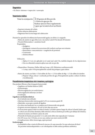 C o n d u c t a s e n G a s t r o e n t e r o l o g í a
259
Diagnóstico
• Es clínico: síntomas + inspección + anoscopía
Tratamiento médico
• Suprimir irritantes de la dieta
• Evitar esfuerzos defecatorios
• Higienizar bien la zona luego de la defecación
Durante los episodios de inflamación hemorroidal aguda con dolor y/o sangrado:
• Baños de asiento en agua tibia (con o sin malva) cada 6-8 hs durante 20 minutos
• Proctyl (Policresuleno + anestésico local)
Propiedades:
• Analgésico
• Astringente: remueve las secreciones del conducto anal que son irritantes
• Hemostático: vasoconstrictor + coagulación de proteínas
• Cicatrizante
• Antimicrobiano
                                                          
Utilización:
• Aplicar 2-3 cm con aplicador en el canal anal cada 8 hs, también después de las deposiciones
• Una vez obtenida la mejoría aplicar una sola vez por día
• Hesperidina+ Diosmina :Daflon 500 mg (comp. x 30): flebotónico antihemorroidal
• 1 comp. cada 6- 8 hs principalmente cuando hay prolapso y gran edema
• Baños de asiento con Sales: 1/3 de sulfato de Zinc + 1/3 de sulfato de Mg + 1/3 de sulfato de alumbre
• Preparar 120 gr, colocar 1 cucharada por litro de agua. Principalmente ayudan a reducir el edema
   y la inflamación
Procedimientos terapéuticos mini-invasivos y quirúrgicos
Para producir fibrosis y fijar el paquete hemorroidal:
• Ligaduras con bandas elásticas (LBE)
• Escleroterapia
• Electrocoagulación con sonda térmica
• Fotocoagulación infrarrojo con láser
• Crioterapia
Ligaduras con bandas elásticas
• Es el método más utilizado
• Ideal para hemorroides internas grado I y II y en ocasiones grado III
• Materiales: anoscopio y pistola de ligadura
• Se coloca una banda por vez, se empieza por la hemorroide más grande
• Se genera necrosis isquémica. Al caer la variz deja una escara
• Si al succionar aparece dolor no soltar la banda, si el dolor aparece luego de colocar la banda (indica que
   se colocó cerca de la línea dentada y debe retirarse) colocar anestesia por arriba y por debajo de la banda y
   remover la misma con bisturí o pinza de corte
• Promedio de bandas por paciente 3 a 4, cada sesión debe estar separada por 3 semanas
• Un 25% recae a los 5-10 años, en ese caso, realizar una nueva sesión de LBE
• Complicaciones: dolor, hemorragia, sepsis perineal
Escleroterapia
• La finalidad es fijar a través de fibrosis la mucosa a la capa muscular. Se usan soluciones de fenol
   En pacientes inmunodeprimidos o con valvulopatías se debe realizar profilaxis antibiótica
 