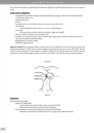 C o n d u c t a s e n G a s t r o e n t e r o l o g í a
264
Es un conducto tapizado por epitelio plano estratificado rodeado por tejido de granulación que une una cripta con
la piel.
Cuadro clínico y diagnóstico
• Visualizacióndeunorificioenregiónperianalpor donde salepus, sangre o materiafecal en forma espontánea,
   o al presionar sobre la zona
• Dermatitis perianal
• Prurito
• La mayoría de las veces el orificio externo se encuentra a un radio de 3 cm
• Tacto Rectal:
• Se puede palpar el orificio interno y a veces un cordón indurado
• Anoscopía:
• Sirve para buscar el orificio interno. Recordar la “Regla de Goodsall”
• Intentar cateterizar el trayecto con un estilete romo
• Cuando no se encuentra el orificio interno inyectar agua oxigenada por el orificio externo y mirar por el
   anoscopio buscando la salida de burbujas
• Fistulografía con contraste yodado
• RNM de la región perineal
Regla de Goodsall: Es una guía para hallar el orificio interno de una fístula lo cual es esencial para la elección del
tratamiento quirúrgico. Se debe trazar una línea imaginaria transversal que pase por el centro del orificio anal, los
orificios externos anteriores a la línea siguen un trayecto radial hacia la cripta afectada. En los orificios externos
posteriores a la línea la fístula sigue una curva y penetra en el conducto anal a la altura de la línea media posterior.
                                                          
Posterior
                                   
Anterior
Tratamiento
El tratamiento es quirúrgico.
• Antes de la cirugía pedir:        
• Colonoscopía: para descartar EII y Cáncer colon rectal (CCR)
• Manometría anorectal: para evaluar función esfinteriana
• Existen diferentes técnicas que se aplican de acuerdo al tipo de fístula:
• Fistulotomía, fistulectomía, sedal, descenso de un colgajo rectal, sellador de fibrina
  
 