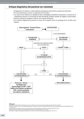 C o n d u c t a s e n G a s t r o e n t e r o l o g í a
280
Enfoque diagnóstico del paciente con colestasis
• El diagnóstico de colestasis se realiza mediante interrogatorio, exámen físico y exámen de Laboratorio.
• Es esencial determinar si existe o no dilatación de la vía biliar.
• Las causas de este síndrome, son divididas en Intra y Extrahepática, basándose en la presencia o ausencia de un
   impedimento mecánico al normal flujo de bilis demostrable mediante métodos de imágenes convencionales.
• El primer método por imágenes a solicitar es la ecografía abdominal.
• Los métodos diagnósticos posteriores se basan en la sospecha clínica de patología de la vía biliar extra
   hepática.
Bibliografía:
1.McGill JM., and Kwiatkowski AP. Cholestatic Liver Diseases in Adults. The American Journal of Gastroenterology. May 1998; Vol 93, No. 5: 684-691.
2.Balistreri W. ; Bezerra J. ; Jansen P.; et al. Intrahepatic Cholestasis: Summary of an American Association for the Study of Liver Diseases Single-Topic Conference. Hepatology 2005; Vol. 42,
No. 1: 222-235.
3.Kaplan MM, and M. Gershwin E. Review: Primary Biliary Cirrhosis. The New England Journal of Medicine. September 2005; Vol 353:1261-73.
4. Kuntz E, Kuntz HD. HEPATOLOGY PRINCIPLES AND PRACTICE. 2006; 2nd Edition. Cap 13 : 228-241.
5.Heathcote J. E. Diagnosis and Management of Cholestatic Liver Disease. Clinical Gastroenterology and Hepatology 2007; Vol 5:776–782.
 