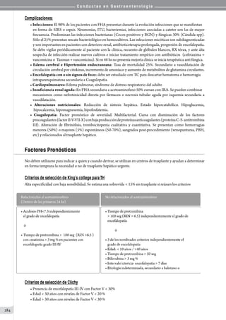 C o n d u c t a s e n G a s t r o e n t e r o l o g í a
284
Complicaciones:
• Infecciones: El 90% de los pacientes con FHA presentan durante la evolución infecciones que se manifiestan
en forma de SIRS o sepsis. Neumonías, ITU, bacteriemias, infecciones asociadas a cateter son las de mayor
frecuencia. Predominan las infecciones bacterianas (Cocos positivos y BGN) y fúngicas 30% (Cándida spp).
Sólo el 25% presentan rescate bacteriológico en hemocultivos. Las infecciones micóticas son subdiagnosticadas
y son importantes en pacientes con deterioro renal, antibioticoterapia prolongada, progresión de encefalopatía.
Se debe vigilar periódicamente al paciente con la clínica, recuento de glóbulos blancos, RX tórax, y ante alta
sospecha de infección realizar nuevos cultivos e iniciar tratamiento empírico con antibióticos  (cefotaxima +
vancomicina o  Tazonan + vancomicina). Si en 48 hs no presenta mejoría clínica se inicia terapéutica anti fúngica.
• Edema cerebral e Hipertensión endocraneana: Tasa de mortalidad 25%. Secundario a vasodilatación de
circulación cerebral por citokinas, incremento de amoníaco y aumento de metabolitos de glutamina circulantes.
• Encefalopatía con o sin signos de foco: debe ser estudiado con TC para descartar hematoma o hemorragia
intraparenquimatosa secundaria a Coagulopatía.
• Cardiopulmonares: Edema pulmonar, síndrome de distress respiratorio del adulto
• Insuficiencia renal aguda: En FHA secundaria a acetoaminofeno 50% cursan con IRA. Se pueden combinar
mecanismos como nefrotoxicidad directa por fármacos o necrosis tubular aguda por isquemia secundaria a
vasodilatación.
• Alteraciones nutricionales: Reducción de síntesis hepática. Estado hipercatabólico. Hipoglucemia,
hipocalcemia, hipomagnesemia, hipofosfatemia.
• Coagulopatía: Factor pronóstico de severidad. Multifactorial. Cursa con disminución de los factores
procoagulantes(factorII-V-VII-X)conbajaproduccióndeproteínasanticoagulantes(proteínaC-S-antitrombina
III). Alteración de fibrinólisis, trombocitopenia cualitativa y cuantitativa. Se presentan como hemorragias
menores (50%) o mayores (5%) espontáneos (50-70%), sangrados post-procedimiento (venopunturas, PBH,
etc) y relacionados al trasplante hepático.
Factores Pronósticos
No deben utilizarse para indicar a quien y cuando derivar, se utilizan en centros de trasplante y ayudan a determinar
en forma temprana la necesidad o no de trasplante hepático urgente.
Criterios de selección de King´s college para TH
Alta especificidad con baja sensibilidad. Se estima una sobrevida  15% sin trasplante si reúnen los criterios
Criterios de selección de Clichy
• Presencia de encefalopatía III-IV con Factor V  30%
• Edad  30 años con niveles de Factor V  20 %
• Edad  30 años con niveles de Factor V  30 %
 
