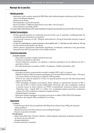 C o n d u c t a s e n G a s t r o e n t e r o l o g í a
294
Manejo de la ascitis
Medidas generales
• Internación: ascitis a tensión, sospecha de PBE (fiebre, dolor abdominal agudo, insuficiencia renal), deterioro
   clínico (Encefalopatía Hepática)
• Abstinencia de alcohol
• Dieta hiposódica: 2 g/día (88 meq/día)
• Restricción hídrica a 1000 ml en hiponatremia severa (Nap 120-125 meq/L)
• Evitar nefrotóxicos (ej AINEs, IECA)
Conestasmedidasrespondehastael20%,siendoelpredictorderespuestamásimportantelaexcrecióndeNau≥78meq/día.
Medidas Farmacológicas
• En líneas generales pacientes con inadecuada excreción de Nau o que no responden a medidas generales son
   considerados para el tratamiento con diuréticos
• Se recomienda comenzar con 100 - 200mg de espironolactona y 40 mg de furosemida (minimiza riesgo de
   hiperkalemia)
• La dosis de la espironolactona se puede incrementar en forma gradual cada 5 a 7 días, hasta una dosis máxima de 400 mg
• La dosis máxima de furosemida es de 160 mg
• Efectos adversos: hiponatremia, hiperkalemia, hipokalemia, encefalopatía, insuficiencia renal, ginecomastia
   Responden hasta 90% de los pacientes con las medidas anteriores
Situaciones especiales
a) Ascitis a tensión
• Paracentesis evacuadora completa (método de elección)
• Continuar con diuréticos a altas dosis
• Prevenir disfunción circulatoria, con albúmina o expansores plasmáticos (8 g de albúmina por litro a
   partir de los 5 litros)
• No realizar paracentesis evacuadora con RIN 1,6; plaquetas 50.000 o protrombina 40%.
b) Ascitis refractaria
• Se propone el manejo con paracentesis evacuadora completa (PEC) cada 2 a 4 semanas.
   Reglaútil:SiNaLAsc=Nap,laevacuaciónsepuedeguiarconlaexcrecióndiariadeSodioej.siNap  130 meq/L
y se evacúan 10 litros se concluye que se extrajeron 1300 meq totales.
  Dicho de otro modo 92 meq/día en 14 días, si el paciente presenta excreción Nau adicional permitiría
   espaciar aún más la PEC.
• TIPS (transjugular intrahepatic portosystemic shunt): indicado en requerimiento frecuente de PEC o
   en los que la PEC es infectiva (ascitis multiloculada). Desventaja: alto costo, encefalopatía, trombosis
   y estenosis (menor en stents cubiertos con PTFE). Contraindicado: insuficiencia hepática avanzada
   (bilirrubina total  5mg/dl, RIN 2 o Child 11), encefalopatía hepática persistente, insuficiencia
    cardíaca (Fey50%), insuficiencia respiratoria y hepatocarcinoma
• Trasplante hepático ortotópico
• Shunt porto-sistémico quirúrgicos: en pacientes en los que no es viable la THO, TIPS ni PCE repetidas
• Pronóstico: alto riesgo de SHR, mortalidad 21% en 6 meses
Seguimiento
a) Clínico
• Control de peso diario: descenso gradual de 300-500 g/día sin edemas y hasta 1000 g/día si presenta
edemas periféricos
• Monitorizar presencia de efectos adversos como encefalopatía hepática
• Diuresis: en pacientes internados
b) Laboratorio
•Sodiourinario(Nau):Nau78meq/LoNau/Ku1indicanrespuestaatratamientocondiuréticosenpresencia
de descenso de peso adecuado
• Ionograma plasmático
• Función renal (urea y creatinina)
 