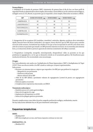 C o n d u c t a s e n G a s t r o e n t e r o l o g í a
31
Farmacológico:
1. Inhibidores de la bomba de protones (IBP): tratamiento de primera línea al día de hoy con buen perfil de
seguridad.Puedeseradministradoendosissimples,dosismedias,odosisdobleencasode:síntomasextraesofágicos,
esofagitis severa (C-D), Barrett, en pacientes que no responden a dosis simples, Nutcracker secundario a ERGE.
2. Antagonistas de los receptores H2 (ranitidina, cimetidina), antiácidos, alginatos: producen alivio sintomático
rápido, duración breve del efecto (antiácidos), son seguros, menos efectivos que los IBP, eficaces para controlar
secreción ácida nocturna. Actualmente hay estudios en los que se han incorporado los anti H2 como dosis única
antesdeacostarseenpacientesqueestandoconIBPpresentansíntomasnocturnos.Serecomiendanantesíntomas
leves, y en situaciones donde se prevee la aparición de síntomas (tratamiento del reflujo ocasional).
3. Proquinéticos (cinitaprida, mosapride, metoclopramida, domperidona): útiles en pacientes en los que
predomina la regurgitación y en los que se demuestra retardo en el vaciamiento gástrico. No beneficiosos para
resolución de lesiones. No recomendado como monoterapia.
Cirugía:
Los 2 procedimientos más usados son: funduplicatura de Nissen laparoscópica (360º) y funduplicatura de Tupet
(270º). Tiene una eficacia similar a los IBP cuando se realiza por cirujanos experimentados.
Indicaciones:
• Pacientes con síntomas típicos o atípicos que responden a los IBP pero que prefieren la cirugía por:
o  Búsqueda de cura permanente
o  Preferencia del paciente
o  Efectos adversos de los IBP
• Falla de los IBP debida a persistente volumen de regurgitación (control de pirosis con regurgitación
persistente)
• Estenosis péptica recurrente
• Complicaciones respiratorias relacionadas con ERGE
Tratamiento endoscópico:
• Radiofrecuencia en la unión gastroesofágica
• Inyección de agentes de carga
• Implantación de bioprótesis en el EEI
• Sutura de los pliegues gástricos proximales
Presenta complicaciones como dolor de pecho, sangrado, perforación esofágica, mediastinitis, muerte.
No hay indicaciones definidas hoy en día para tratamiento endoscópico.
Esquemas terapéuticos
ERNE:
• Medidas H-D
• IBP dosis simple por un mes, ante buena respuesta continuar un mes más
ESOFAGITIS A - B:
• Medidas H-D
 